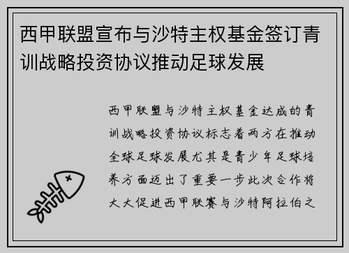 西甲联盟宣布与沙特主权基金签订青训战略投资协议推动足球发展