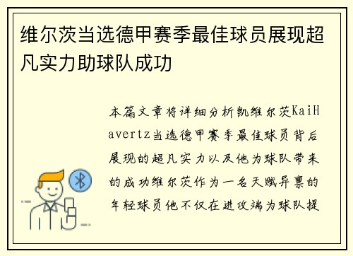 维尔茨当选德甲赛季最佳球员展现超凡实力助球队成功